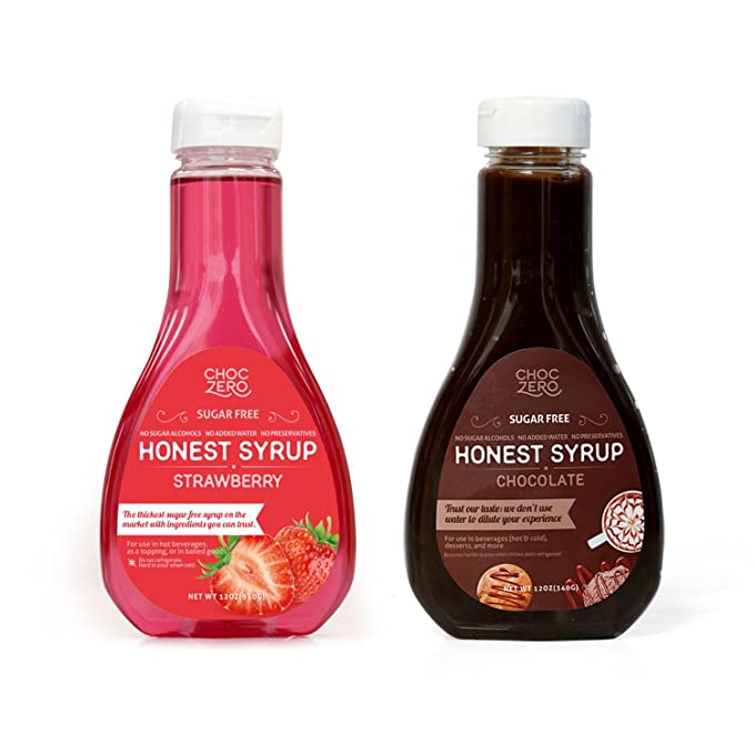 ChocZero's Chocolate Syrup and Strawberry Syrup. Sugar Free, Low Net Carb, No Preservatives. Gluten Free. No Sugar Alcohol. Good ice cream topping. (2 Bottles)