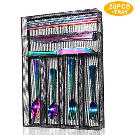 Silverware Set,WOAIWO-Q 28 PCS Stainless Steel Flatware Set for 4 People, Cutlery With Wire Mesh Holder Storage Trays Mirror Polish,Dishwasher Safe (Rainbow)