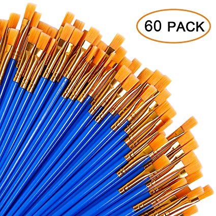 UPINS 60 Pcs Flat Paint Brushes Set with Nylon Hair,Small Brush Bulk for Miniature Detail Painting,Short Plastic Handle,Artist Acrylic Oil Watercolor Fine Art Painting for Kids,Students,Starter,Adults