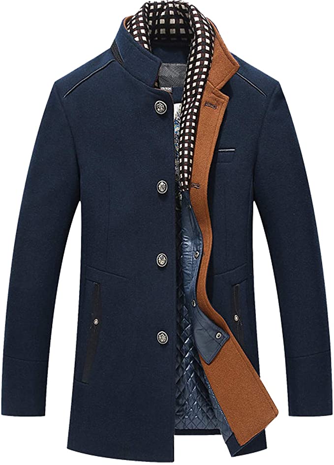 PRIJOUHE Men's Wool Coat Winter Coat Slim Medium Long Coats Overcoat Male