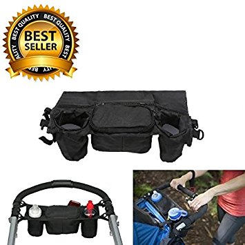 #1 Best Quality Waterproof Stroller Organizer, Stroller Accessories, Universal Black Baby Diaper Stroller Bag, Stroller Cup Holder, Fits Most Strollers.