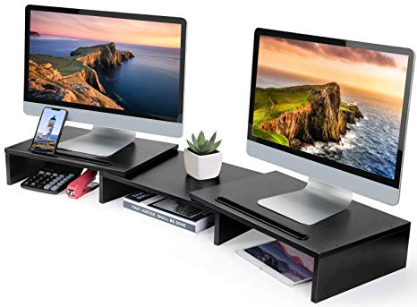 HUANUO Dual Monitor Stand - 3 Shelf Computer Monitor Riser Stand with Adjustable Length & Angle, Versatile Slot, Desktop Stand Storage Organizer for Home & Office Use