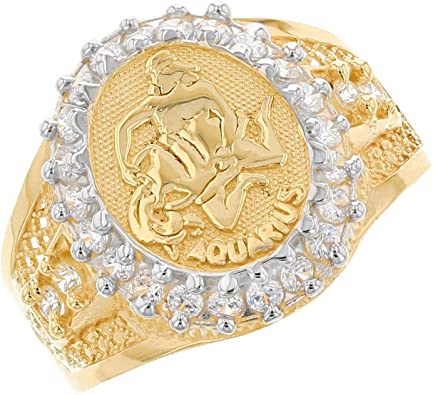 14k Solid Yellow Gold CZ Accented Men's Aquarius Zodiac Ring