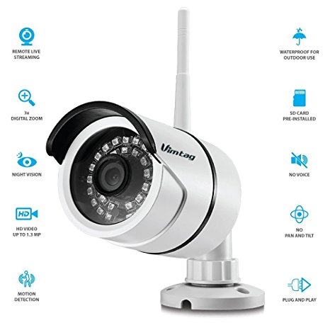 Vimtag® Wi-Fi ProHD Outdoor Wireless IP Security Bullet Camera Weatherproof, Video Monitoring,Day Night IR-CUT, Motion Detection Push Alerts ,linkage snapshot/video recording, real-time App push notifications（B1 White）