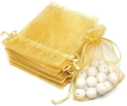 Akstore 100Pcs 2.8"x3.6"(7x9cm) Sheer Drawstring Organza Jewelry Pouches Wedding Party Christmas Favor Gift Bags (Golden)