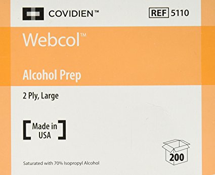 Kendall 5110 Webcol Sterile Alcohol Prep Pads, Large, 2-Ply, 200 per Box
