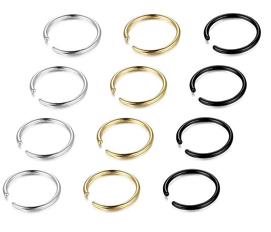 LOLIAS 12Pcs 20G 8MM Stainless Steel Nose Rings Piercing Jewelry Hoop Nose Ring