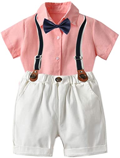 Baby Boys Formal Set Little Boys Gentleman Outfit Suits, Short Shirt Short Pants Set Suspender Bow Tie 4Pcs