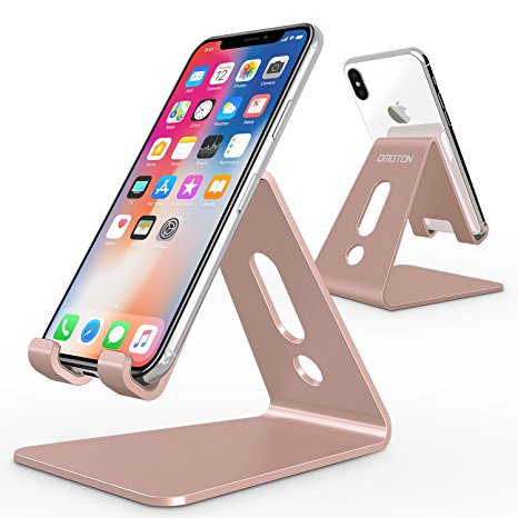 [Updated Solid Version] OMOTON Desktop Cell Phone Stand Tablet Stand, Advanced 4mm Thickness Aluminum Stand Holder for Mobile Phone (All Size) and Tablet (Up to 10.1 inch),Rose gold