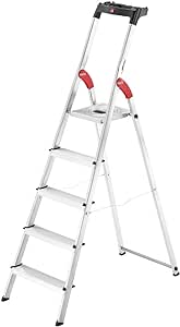 Hailo L60 StandardLine Aluminum Safety Step Ladder - Folding Ladder with 5 Steps, 330 lb Capacity - Stable Guide Pillar, Shelf Included - Made in Germany, Stainless - Silver