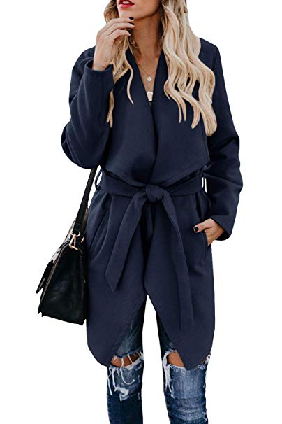 Foshow Women's Wool Blend Coat Wrap Lapel Belted Pea Overcoat Casual Long Sleeve Trench Outwear Jacket with Pockets