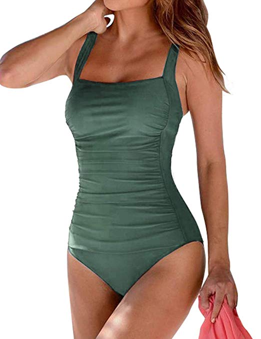 Hilor Women's One Piece Swimsuits Shirred Tank Swimwear Vintage Tummy Control Bathing Suits