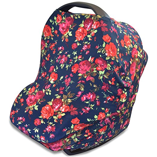 Stretchy 4-in-1 Carseat Canopy | Nursing Cover | Shopping Cart Cover | Infinity Scarf- Vintage Dark Navy Floral Print | Best Baby Gift for Girls | Fits Most Infant Car Seats | For Breastfeeding Moms