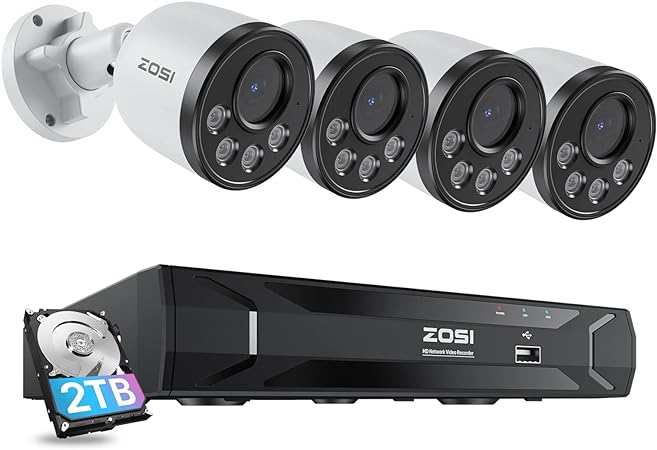 ZOSI 5MP 8CH PoE Security Camera System with Audio,4pcs PoE IP Cameras Outdoor,Night Vision,Smart Human Detection,Remote Access,H.265  8 Channel 5MP(3K) NVR with 2TB HDD for Home 24/7 Recording