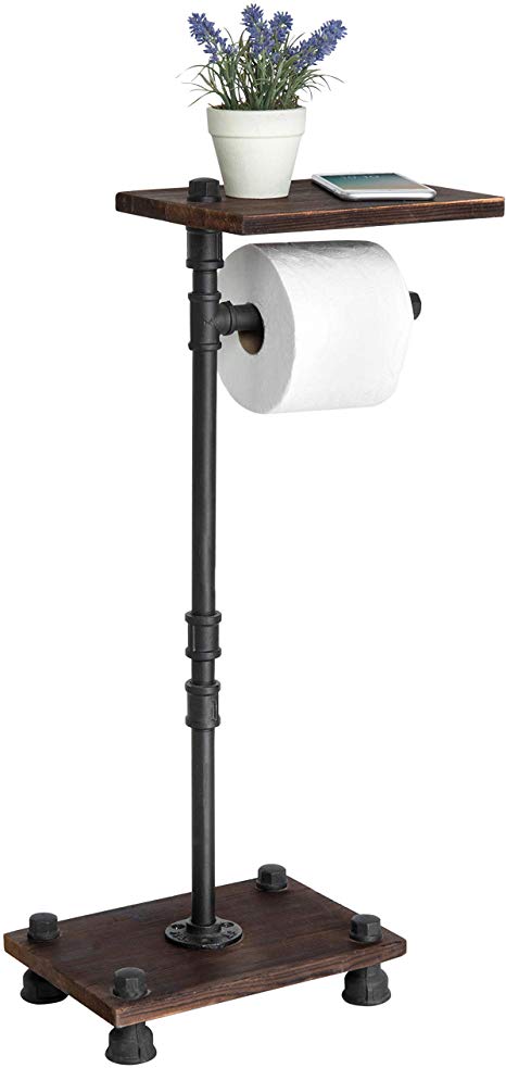 MyGift Standing Industrial Pipe Black Metal Toilet Paper Roll Holder Stand with Wood Shelf