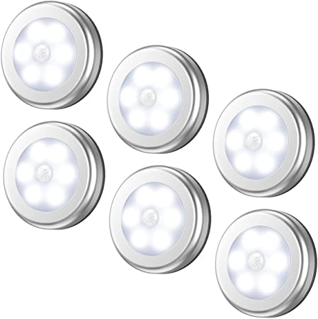 AMIR Motion Sensor Light, Cordless Battery-Powered LED Night Light, Stick-anywhere Closet Lights Stair Lights, Puck Lights, Safe Lights for Hallway, Bathroom, Bedroom, Kitchen, etc.(White - Pack of 6)