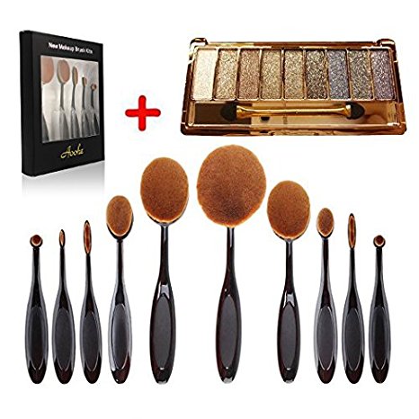 Make up brush set , Aoohe Professional Soft Oval Toothbrush Makeup Sets and 10 Color Glitter Eyeshadow Palette Kit With Mirror