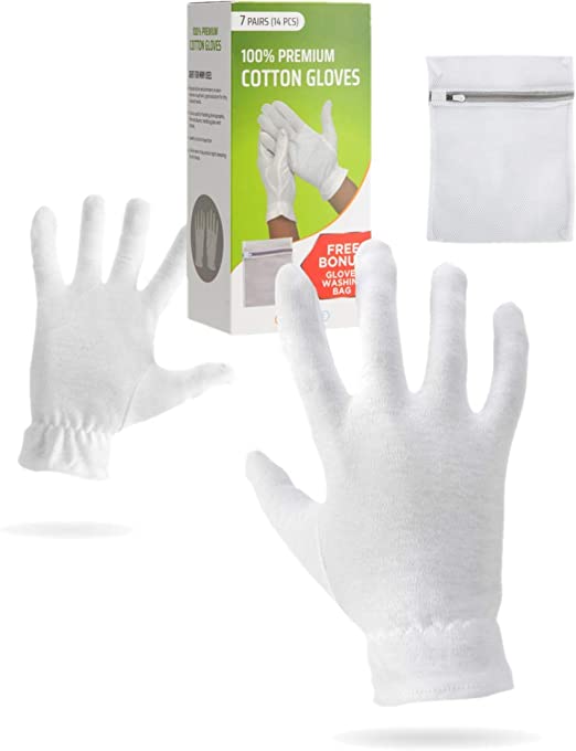 Moisturizing Gloves OverNight Bedtime Cotton | Cosmetic Inspection Premium Cloth Quality | Eczema Dry Sensitive Irritated Skin Spa Therapy Secure Wristband (7 Pairs)