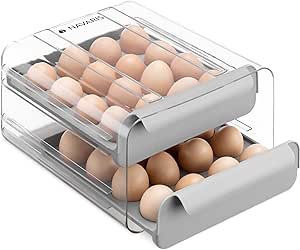 Navaris Egg Holder for Refrigerator - 32 Egg Container with 2 Levels - Plastic Fridge Storage Box Organizer for 32 Eggs with Slide-Out Tray Drawers