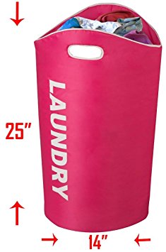 Collapsible-Pop Up Laundry Bag with White Writing and Integrated Handles / Durable, Travel Bag, Foldable Laundry Bin or Hamper / Pink, Size: 14’’ x 25''