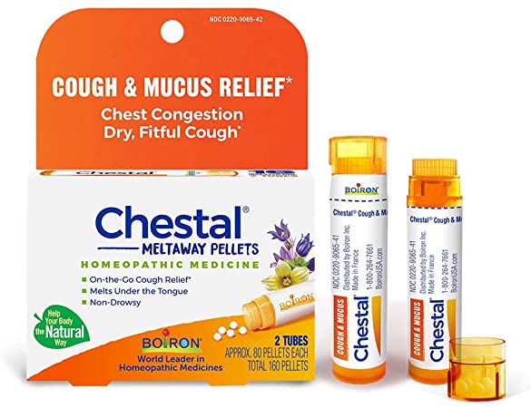 Boiron Chestal Pellets for Cough and Mucus Relief, Nasal or Chest Congestion, and Sore Throat Relief - 2 Count (160 Pellets)