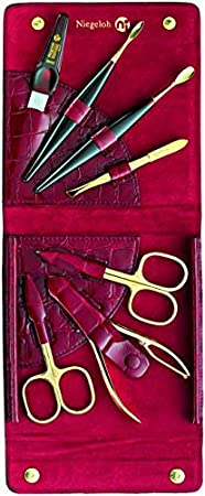 Niegeloh Solingen 7 Pieces - Large Luxurious Women's Manicure Set Handcrafted in Germany Nail Grooming Kit in High Quality Red Kroko's Lustrous Surface Leather Case Made in Solingen Germany
