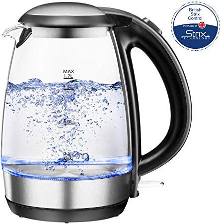 Electric Tea Kettle 1.7L, Plemo 1500W Electric Glass and Steel Kettle, BPA-Free & Boil-Dry Protection Hot Water Kettle Heater With Auto Shut-Off, LED Indicator Light Fast Boiling Coffee Kettle