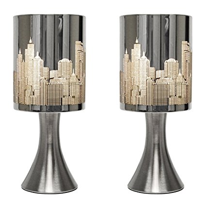 Pair of - Chrome Touch Table Lamps with New York Skyline Shades