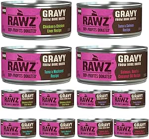 Rawz Natural Premium Minced Canned Cat Food in Gravy from Bone Broth -12 Pack Cans Variety Bundle - 4 Flavors with Hotspot Pets Can Lid (5.5 Oz Cans) (Pack of 12)