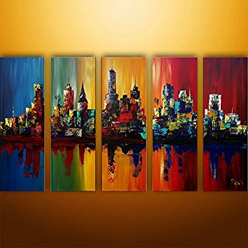 Cyber Monday Ode-Rin Art Hand Painted Oil Paintings Gift Colorful City 5 Panels Wood Inside Framed Hanging Wall Decoration