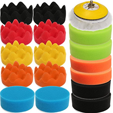 KINGSO 3in/80mm Foam Buffing Polishing Pads with Drill Adapter Kit for Car Sanding Polishing Buffing 18pcs Set