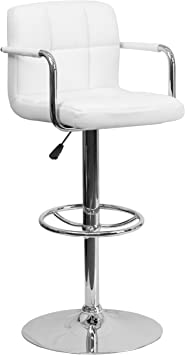 Flash Furniture Contemporary White Quilted Vinyl Adjustable Height Barstool with Arms and Chrome Base
