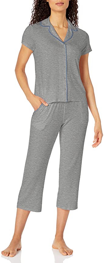 Amazon Brand - Mae Women's Notch Collar Pajama Set with Embroidered Trim