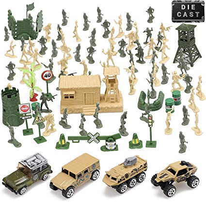 Toy Life Plastic Army Men Plus Die Cast Military Toy Vehicles Play Set | 100pc Piece Army Toys Gift Set for Boys | Includes Toy Soldiers Army Base Toy Props Plus 4 Diecast Military Toy Vehicles