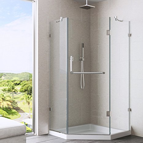 VIGO Piedmont 36 x 36-in. Frameless Neo-Angle Shower Enclosure with .375-in. Clear Glass and Brushed Nickel Hardware (Low-Profile Shower Base Included)