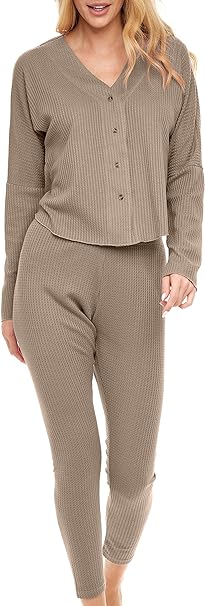 Alexander Del Rossa Women's Soft Ribbed Waffle Rib Knit Pajamas Lounge Set, Long Sleeve V-neck Top and Leggings PJ Pants