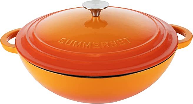 Enameled Cast Iron Casserole Braiser Pot with lid, 5 Quart —Premium Enamel Cast Iron Pot for Dutch Oven Cooking, NEW in Stock, orange-Sunset Color