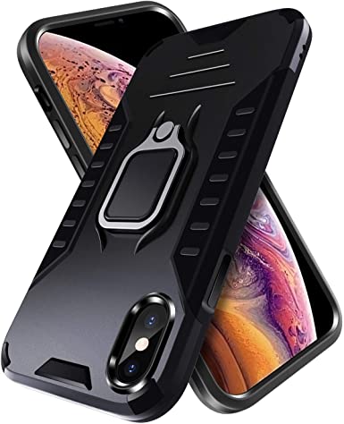 PUNYTONCY Compatible with iPhone X/XS Case, Ring Kickstand Phone Protective Case Design, Drop Tested Anti-Scratch Shockproof Bumper Cover with Stand Metal Plate to Car Mount (Black 5.8-Inch)