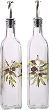 TZSSP Olive Oil and Vinegar Dispenser Glass Dispenser Bottles Set Cooking Oil Cruets Dispenser Set with Stainless Steel Leak Proof Pourer Spout for Kitchen and BBQ,Olives,2 Pack of 17 oz.