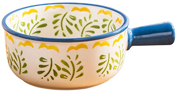 JLWM Soup Bowl Bowls with Handle Salad Noodles 460ML Ceramic Japanese-Style Hand Painted Glaze Tableware-D