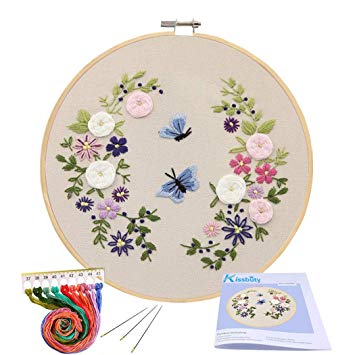 Full Range of Embroidery Starter Kit with Pattern, Kissbuty Cross Stitch Kit Including Embroidery Cloth with Floral Pattern, Bamboo Embroidery Hoop, Color Threads and Tools Kit (Flower Butterfly)