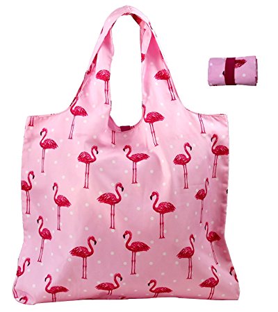BeeGreen Reuable Bags Grocery Roll Up w Elastic Ribbon,Fashion Printing Pattern Design, Compact, Washable, Durable and Lightweight (Flamingo)