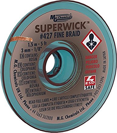 MG Chemicals 400 Series #5 Fine Braid Super Wick with RMA Flux, 5' Length x 0.125" Width, Brown