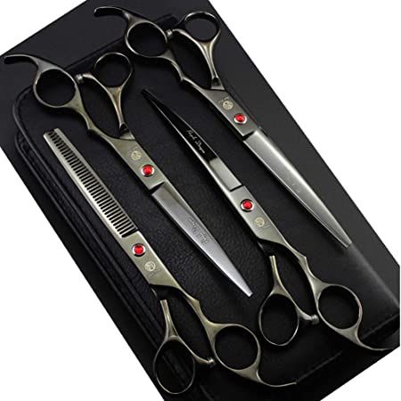 Purple Dragon Professional 7.0 inch 4PCS Pet Grooming Scissors Kit Japan Premium Steel Straight & Curved & Thinning Blade Dog Hair Cutting Shears Set with Case (Bright Black)