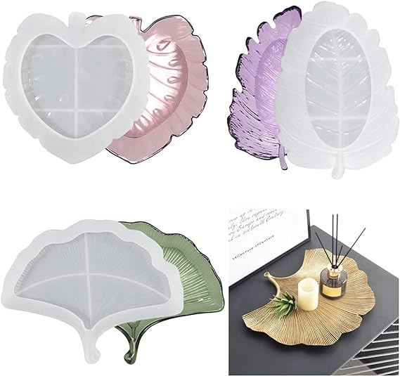 Weigudoc Moule à Plateau en Silicone, 3 Pcs DIY Résine Époxy Moules en Forme de Feuille, Moule de Coulée Epoxy Plateaux De Rangement Ginkgo pour Bijoux Fruits Artisanat Décorations Maison