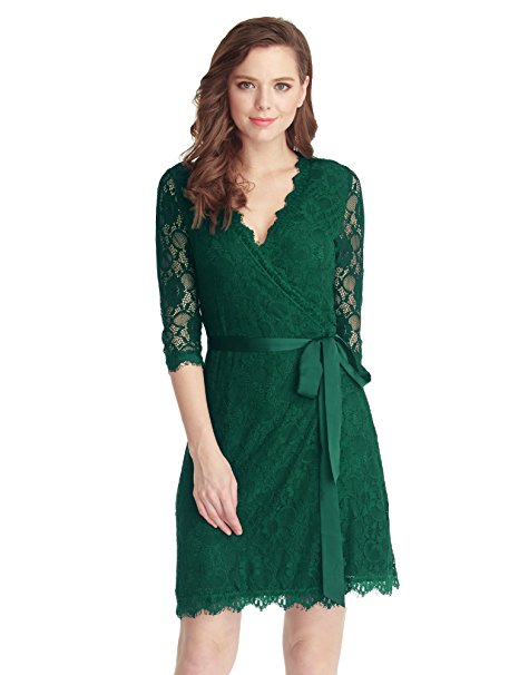 GRAPENT Women's Lace 3/4 Sleeves Midi Business Cocktail Short Formal Wrap Dress