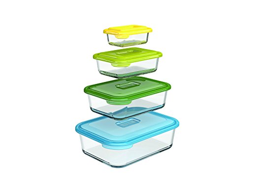 Joseph Joseph 81064 Nest Glass Food Storage Container and Bakeware Set with Lids Oven Proof Freezer Microwave Dishwasher Safe, 8-piece, Multicolored