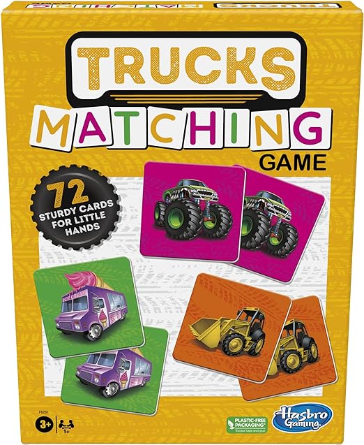 Hasbro Gaming Trucks Matching Game, Fun Preschool Board Game for 1  Players, Memory Matching Card Game for Kids, Ages 3  (Amazon Exclusive)