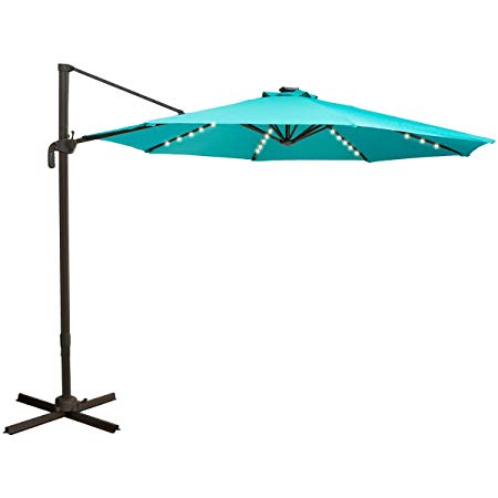 TAGI 10 feet Square Outdoor Umbrella with 40 Solar LED Lights, Cantilever Pole with Crank Lift, 8 Iron Ribs, rotatable, Peacock Blue