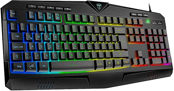 PICTEK RGB Gaming Keyboard USB Wired Keyboard, Crater Architecture Backlit Computer Keyboard with 8 Independent Multimedia Keys, 25 Keys Anti-ghosting, Splash-Proof, Ideal for PC/Mac Game, Black